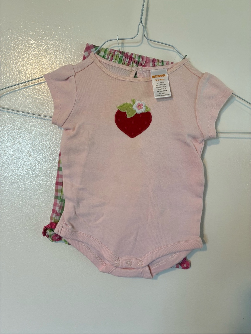 Gymboree Pink Onesie with Strawberry Appliqué and plaid pants outfit